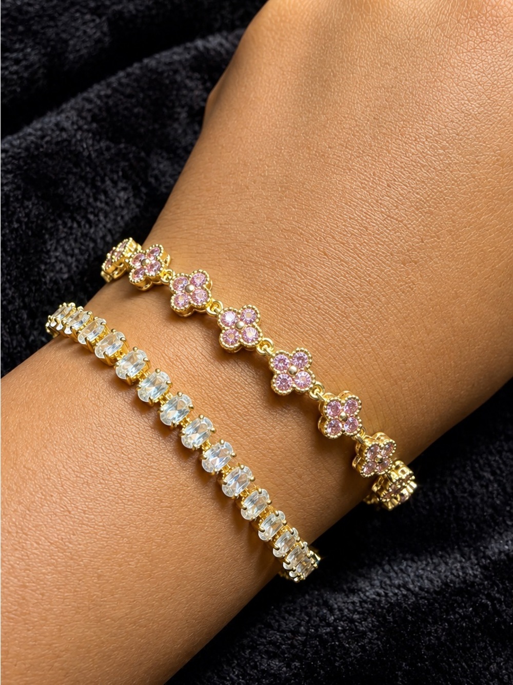 2-Piece Pink Floral & Clear Crystal Bracelet Set | Gold-Tone Stack